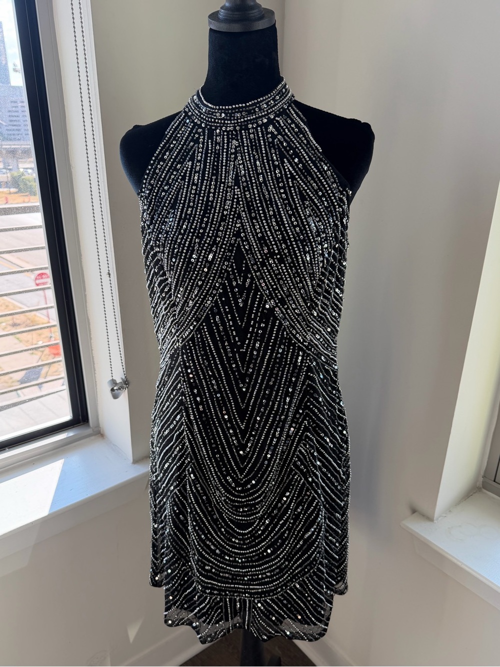 Boohoo Black Silver Beaded Sequin Open Back Mini Dress US 10